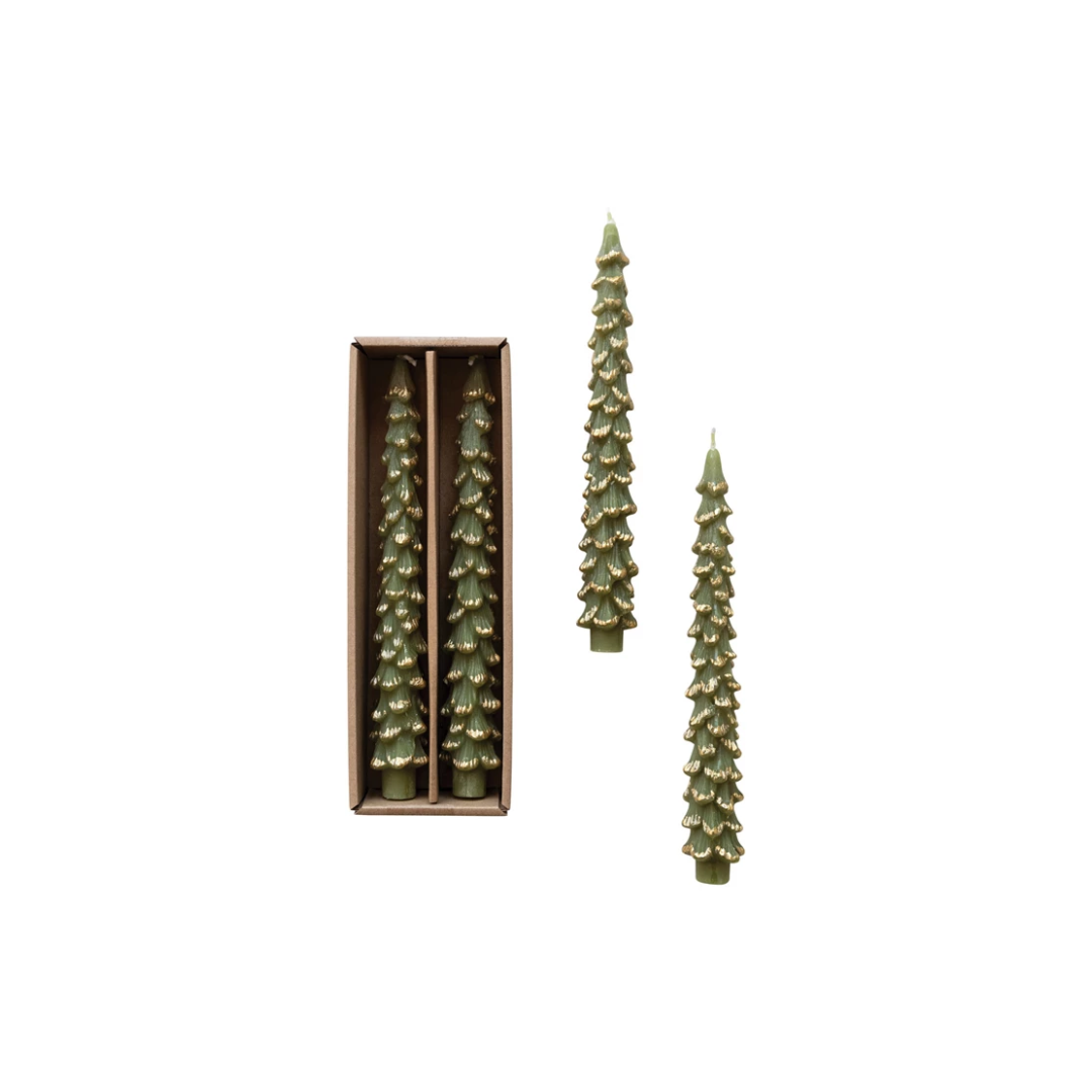 10" Evergreen Gold Tips Tree Taper Candle, Set of 2