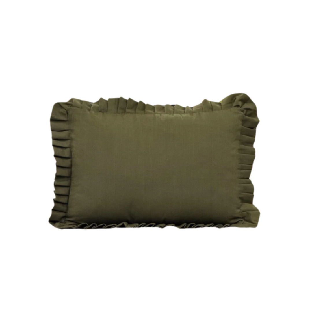 Olive Green Ruffle Lumbar Pillow Cover