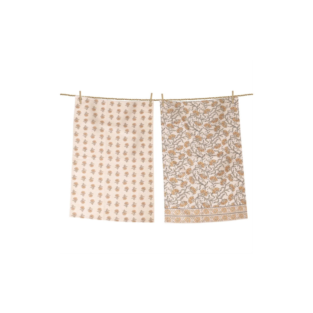 Block Print &amp; Mustard Floral Tea Towels Set