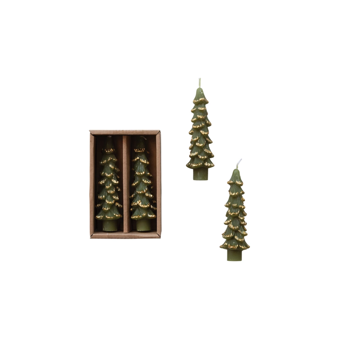 4" Evergreen Gold Tips Tree Taper Candle, Set of 2