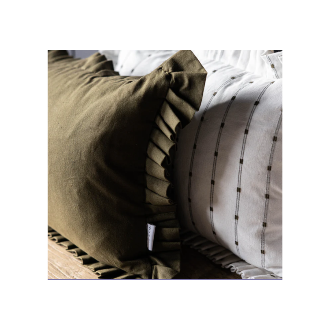 Olive Green Ruffle Lumbar Pillow Cover