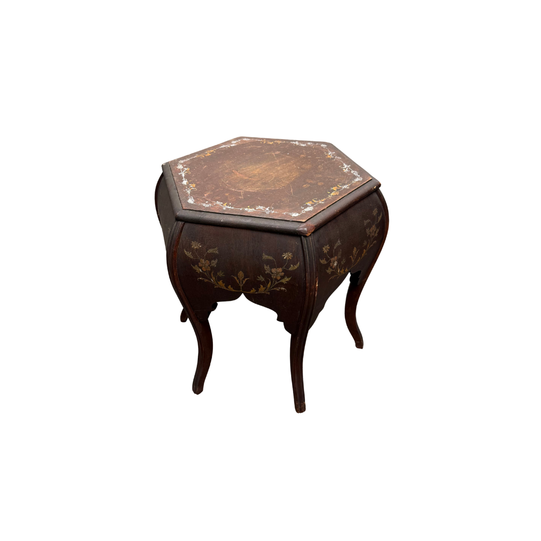 Found Hand Painted Hexagonal Side Table with Bombe Shape