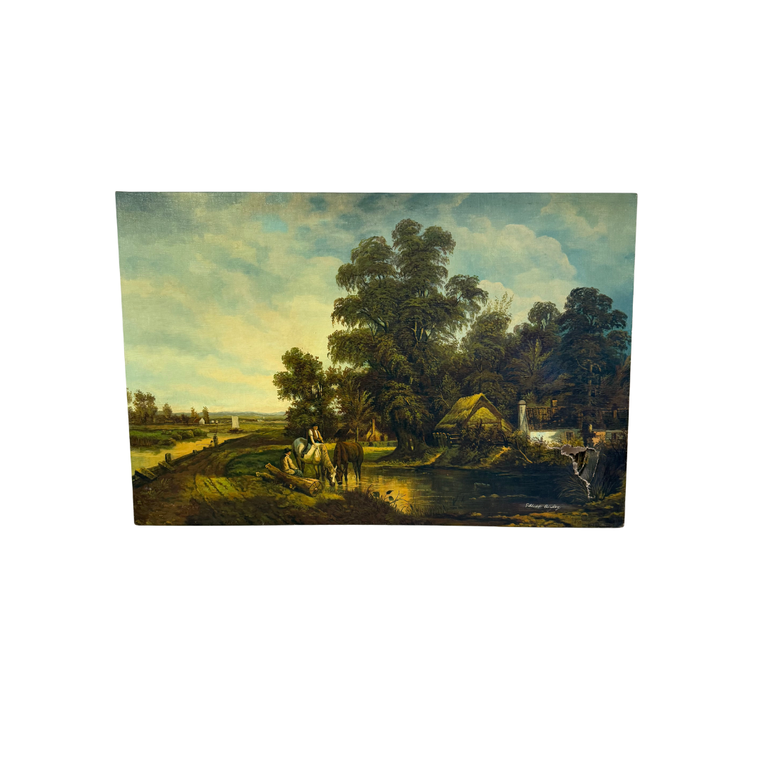 Found Signed Horsemen Landscape Oil Painting