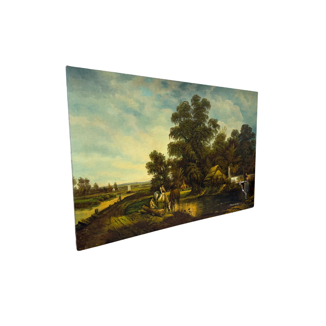 Found Signed Horsemen Landscape Oil Painting