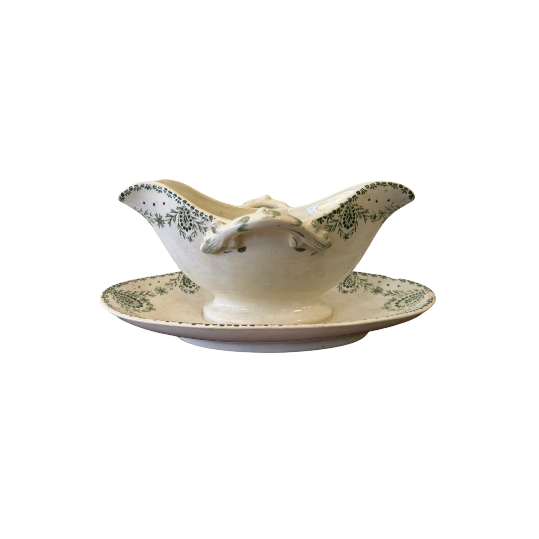 Found French Green Floral Gravy Boat with Underplate