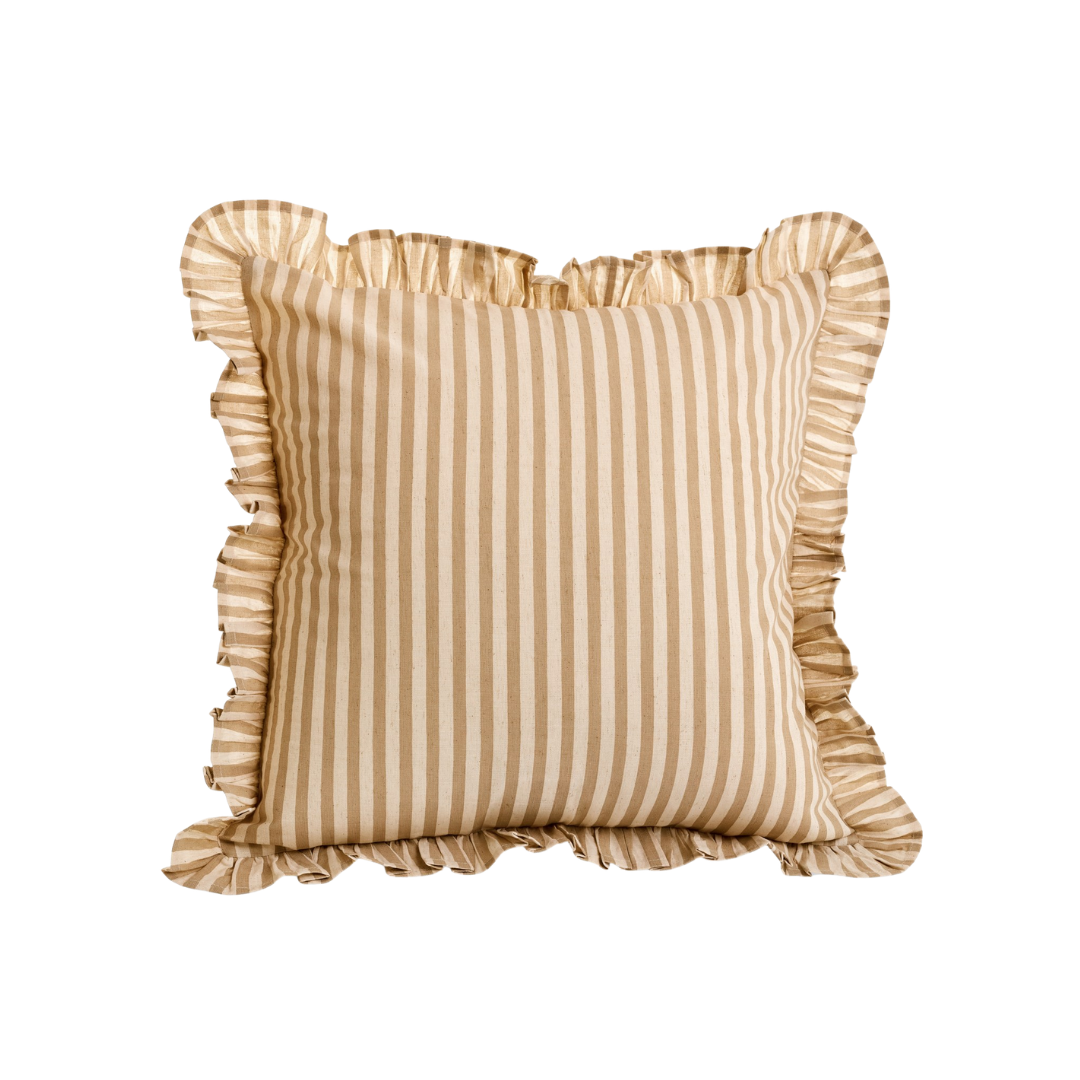 Taupe Striped Ruffle Pillow
