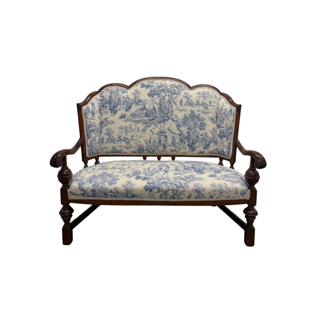 Found Mahogany Chippendale style Bench with Upholstered Toile Fabric