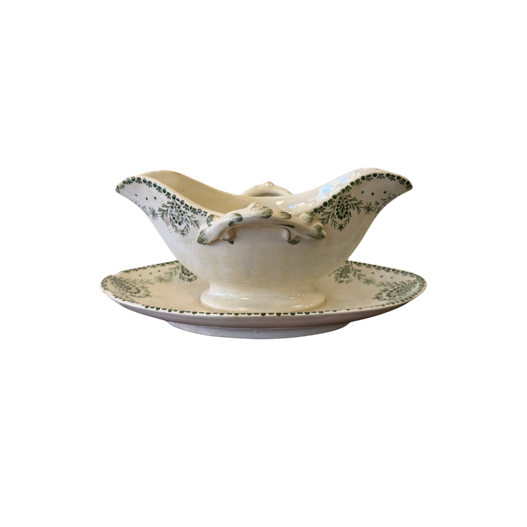 Found French Green Floral Gravy Boat with Underplate