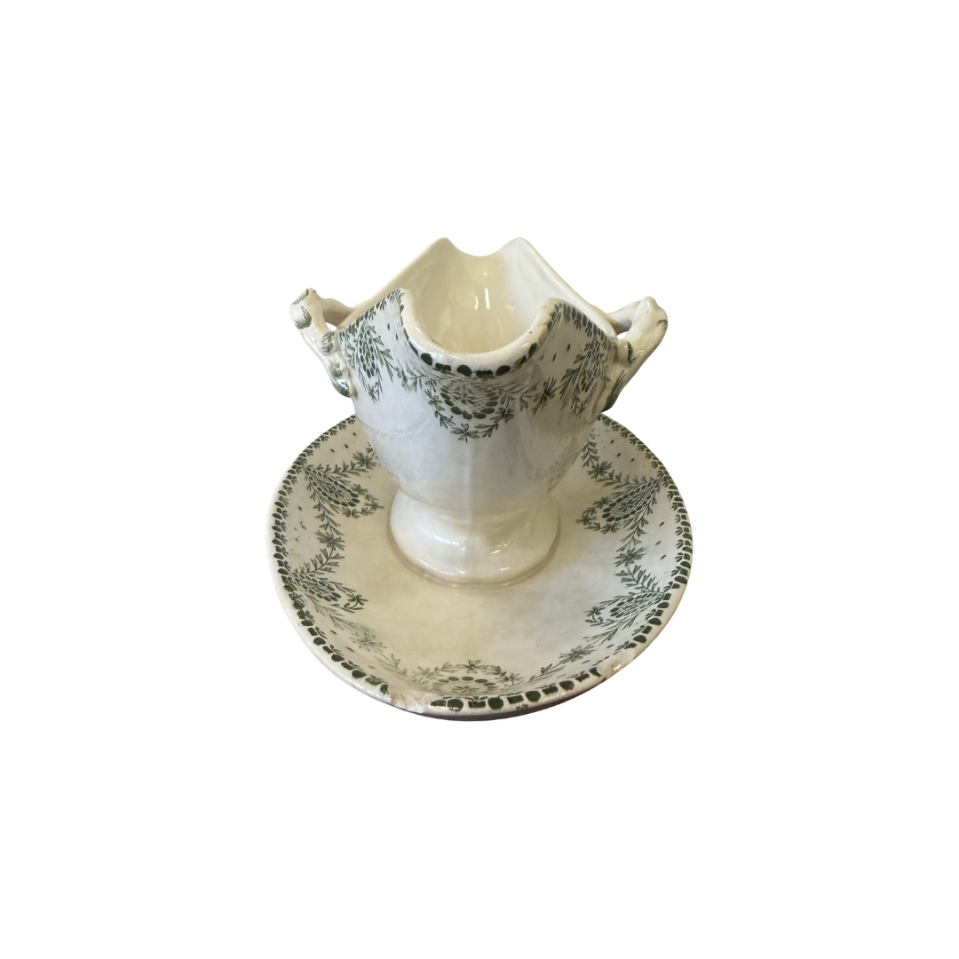 Found French Green Floral Gravy Boat with Underplate