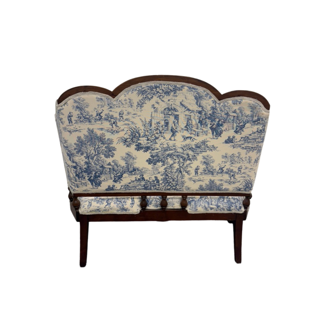 Found Mahogany Chippendale style Bench with Upholstered Toile Fabric