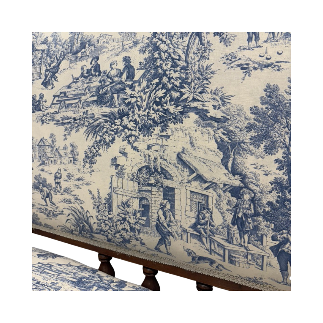 Found Mahogany Chippendale style Bench with Upholstered Toile Fabric