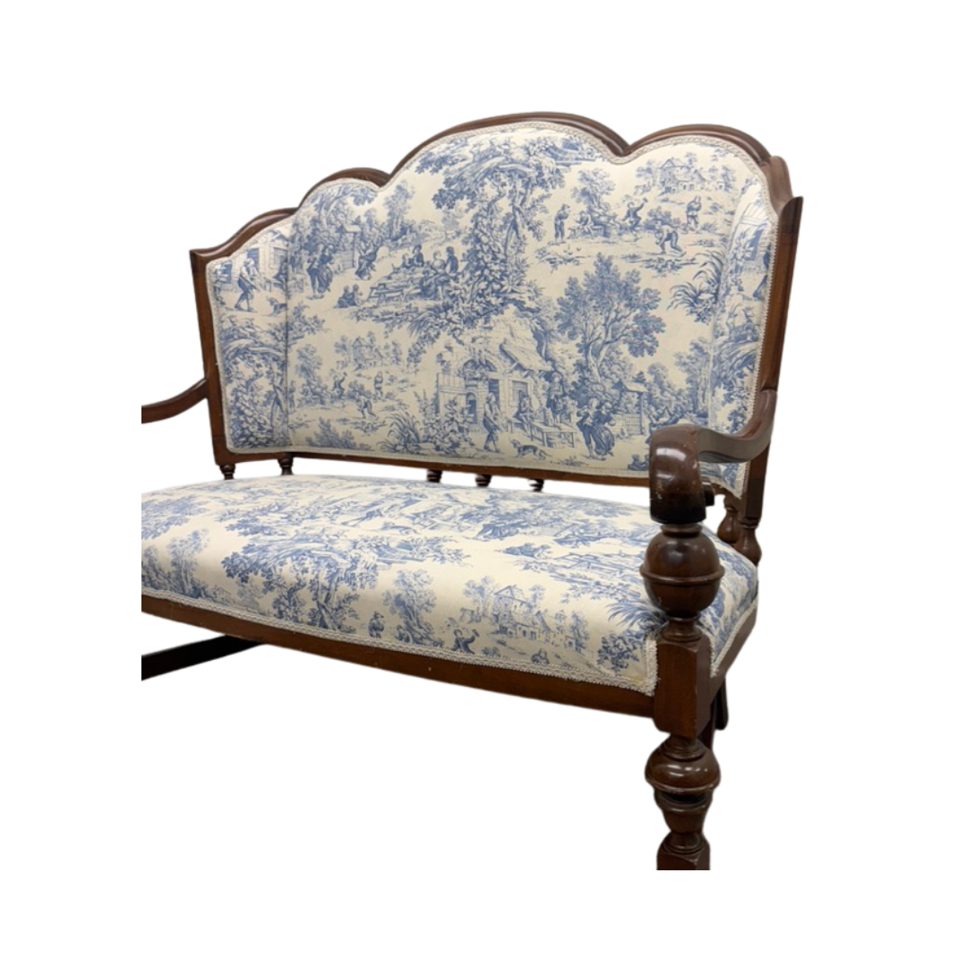 Found Mahogany Chippendale style Bench with Upholstered Toile Fabric