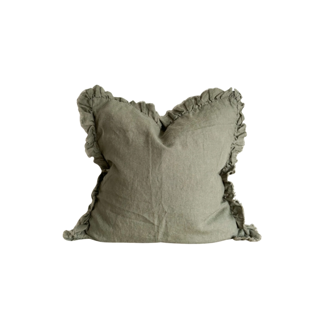 Hallie Khaki Ruffled Linen Pillow