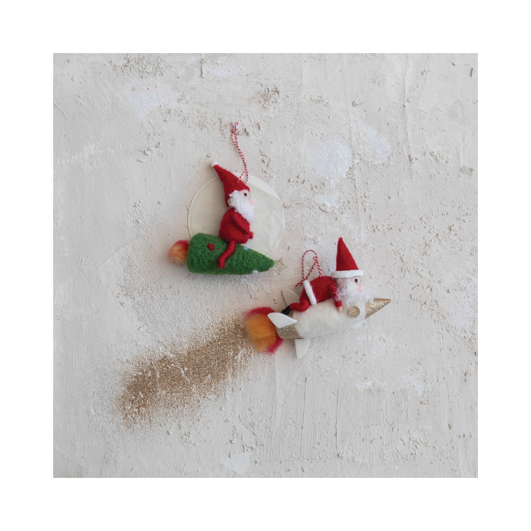 Wool Santa With Tree and Rocket Ornament