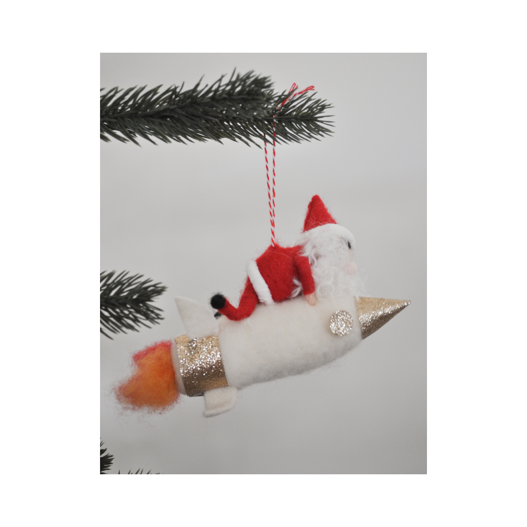 Wool Santa With Tree and Rocket Ornament