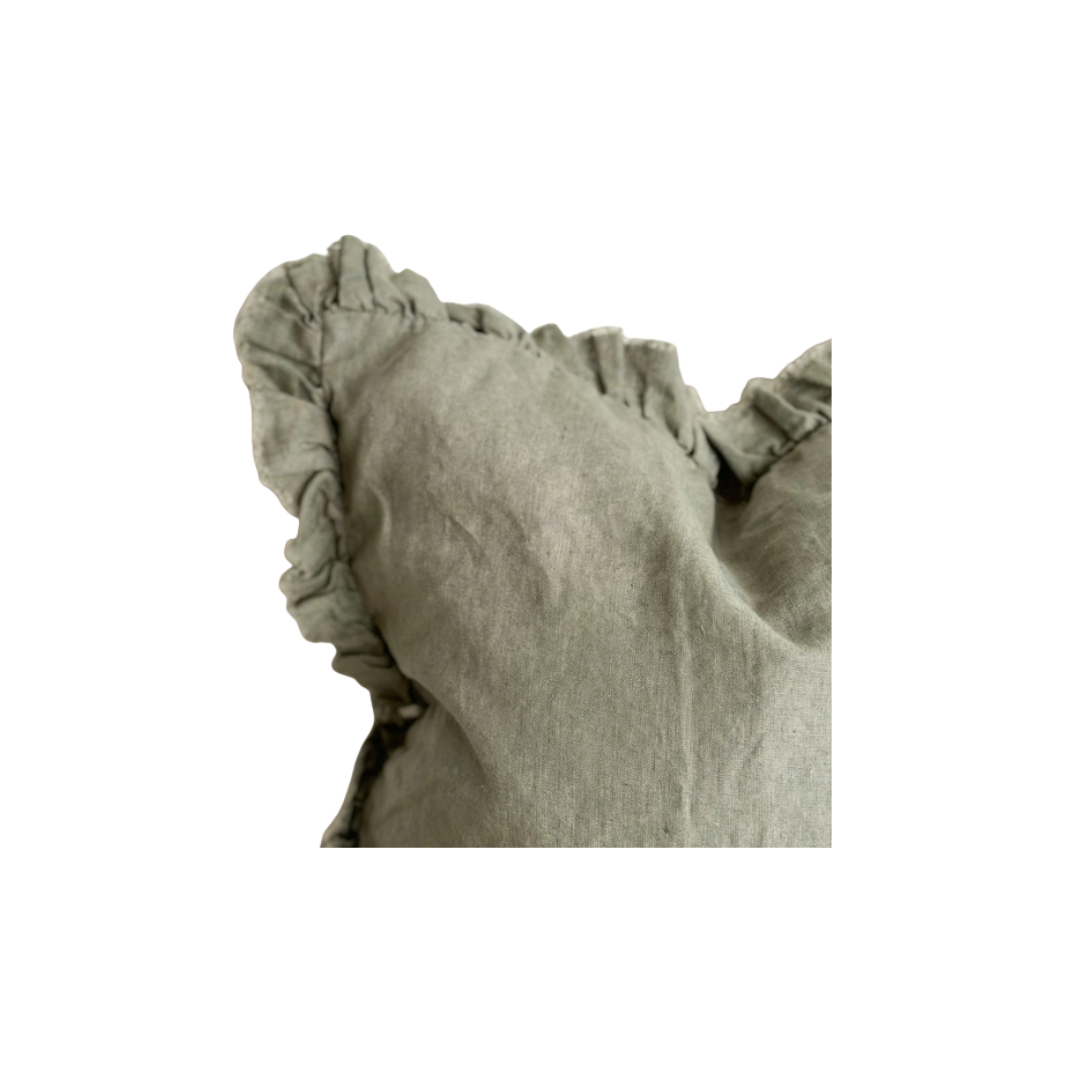 Hallie Khaki Ruffled Linen Pillow