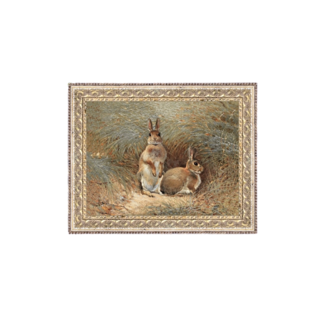 Bunnies Framed Antique Art