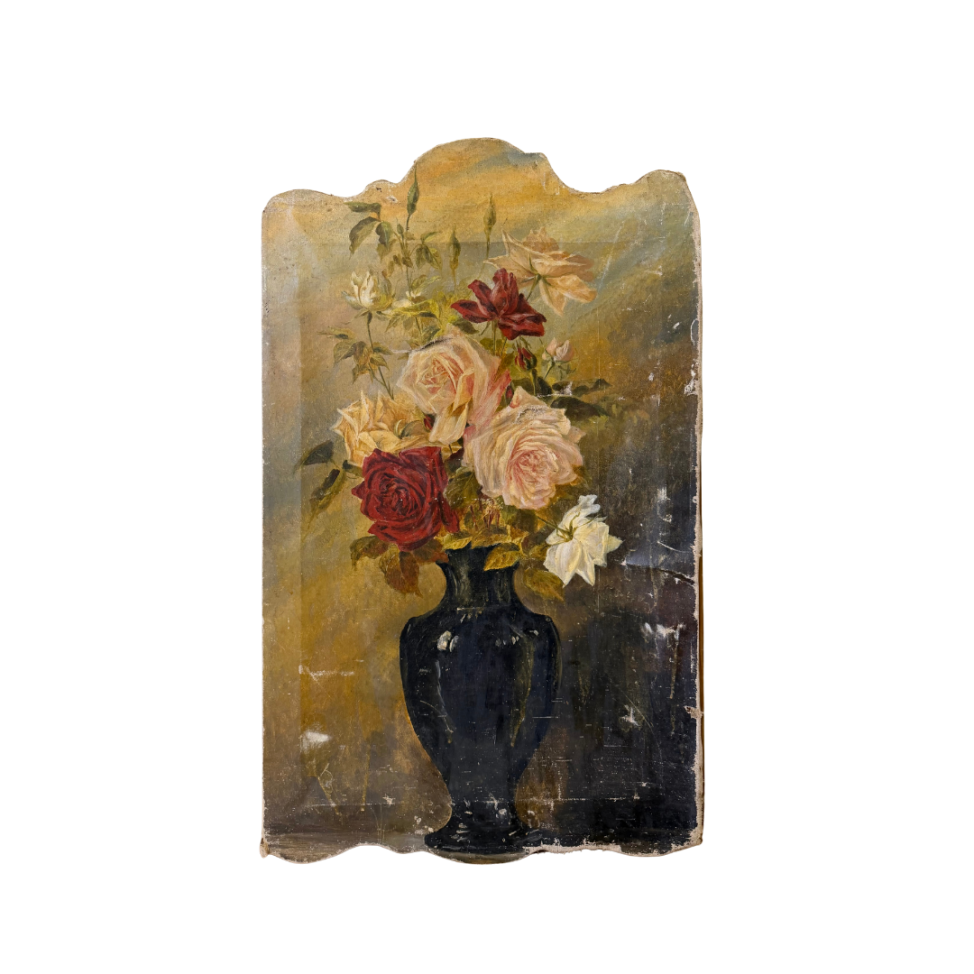 Found French Scalloped Rose Bouqet Painting