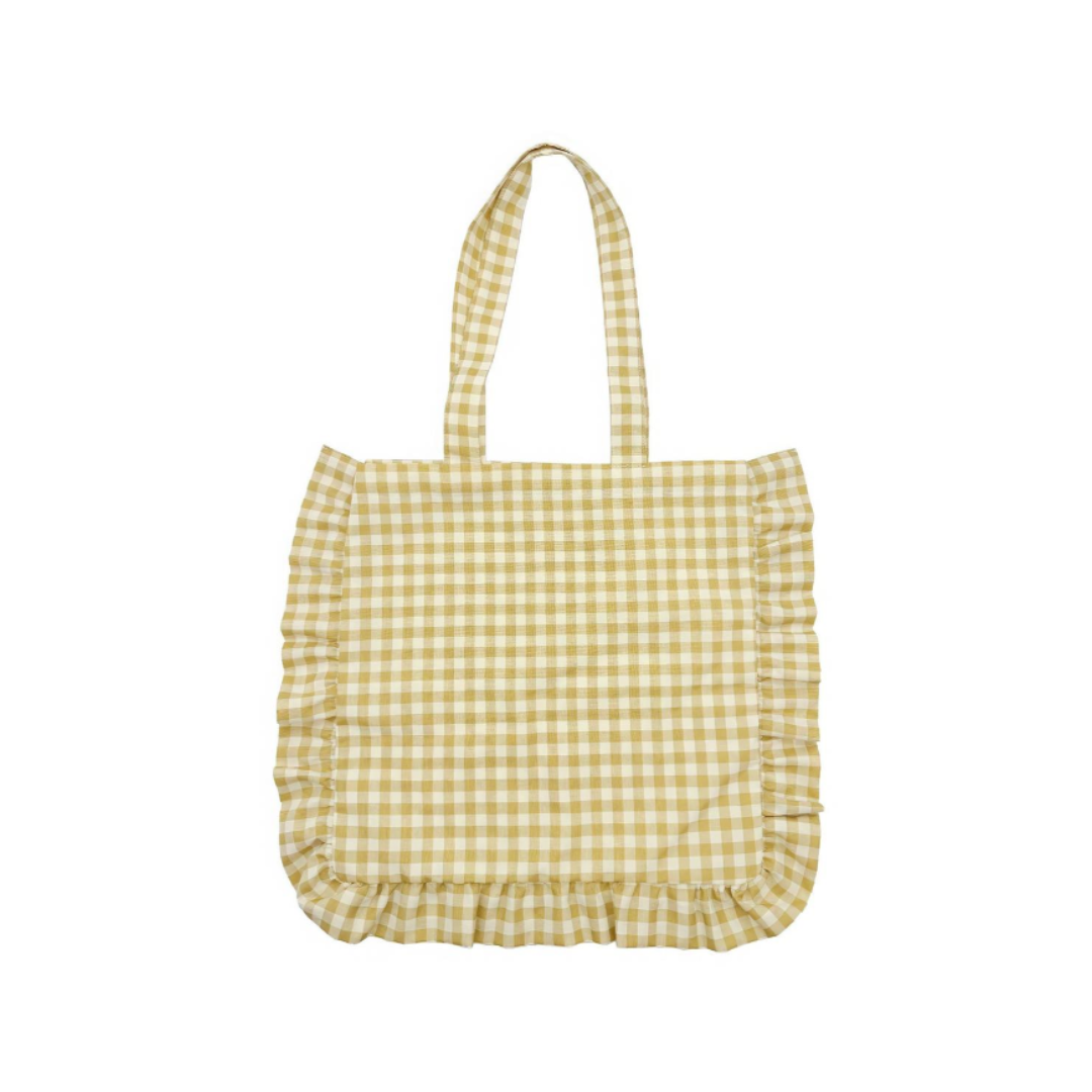 Beige Gingham Ruffled Tote Bag