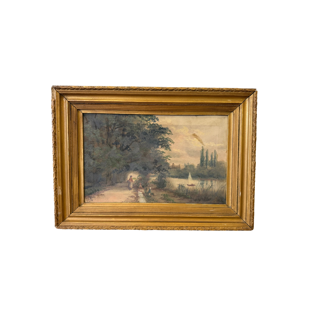 Found Gold Framed Riverside Landscape Painting