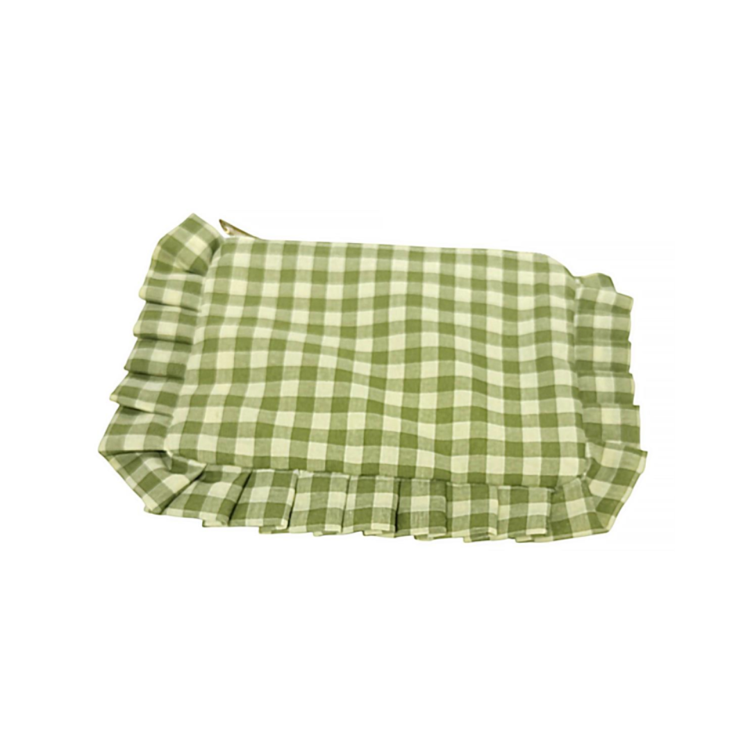 Green Gingham Ruffled Zipper Flat Pouch