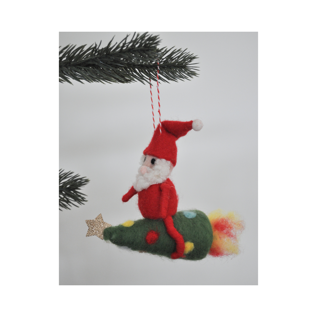 Wool Santa With Tree and Rocket Ornament