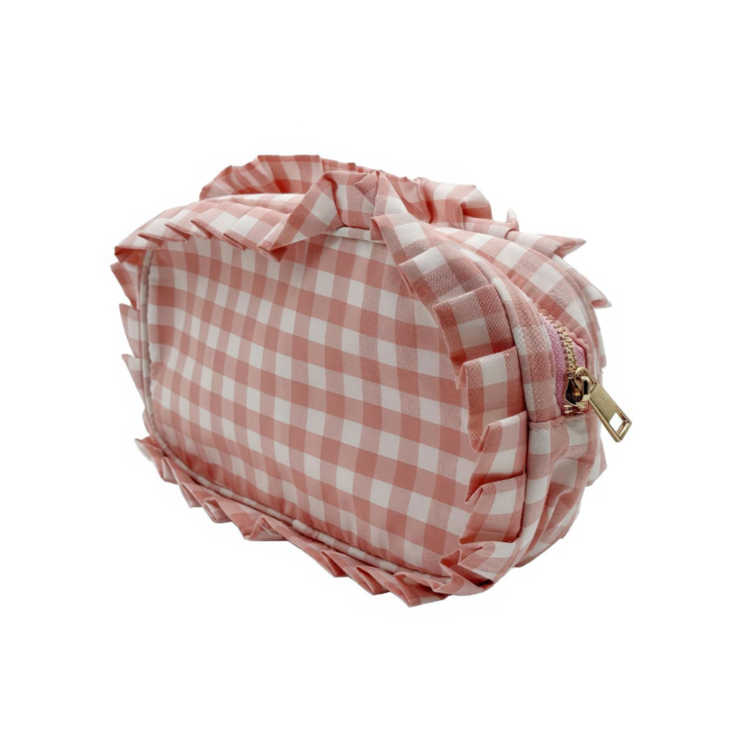 Pink Gingham Ruffled Zipper Pouch