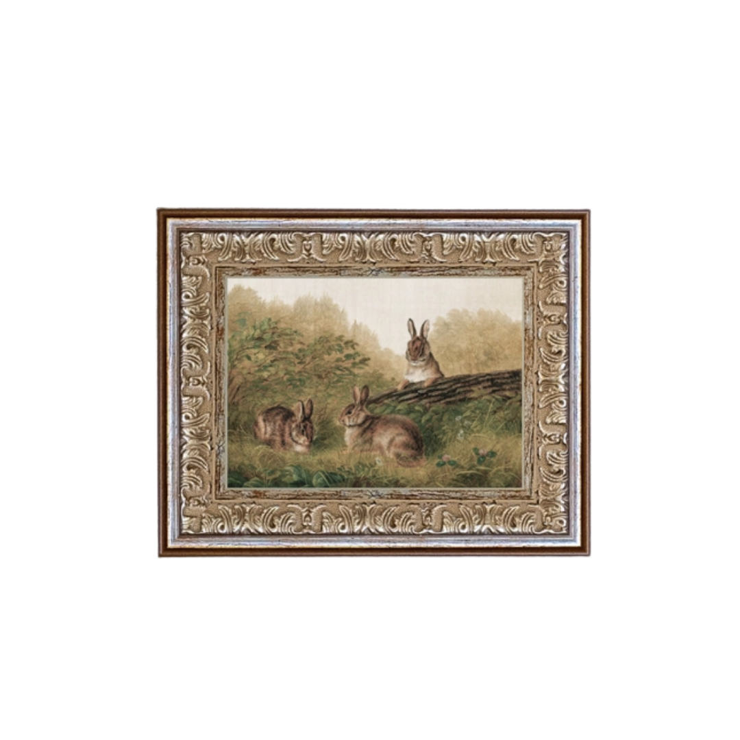 Rabbits On A Log Framed Antique Art