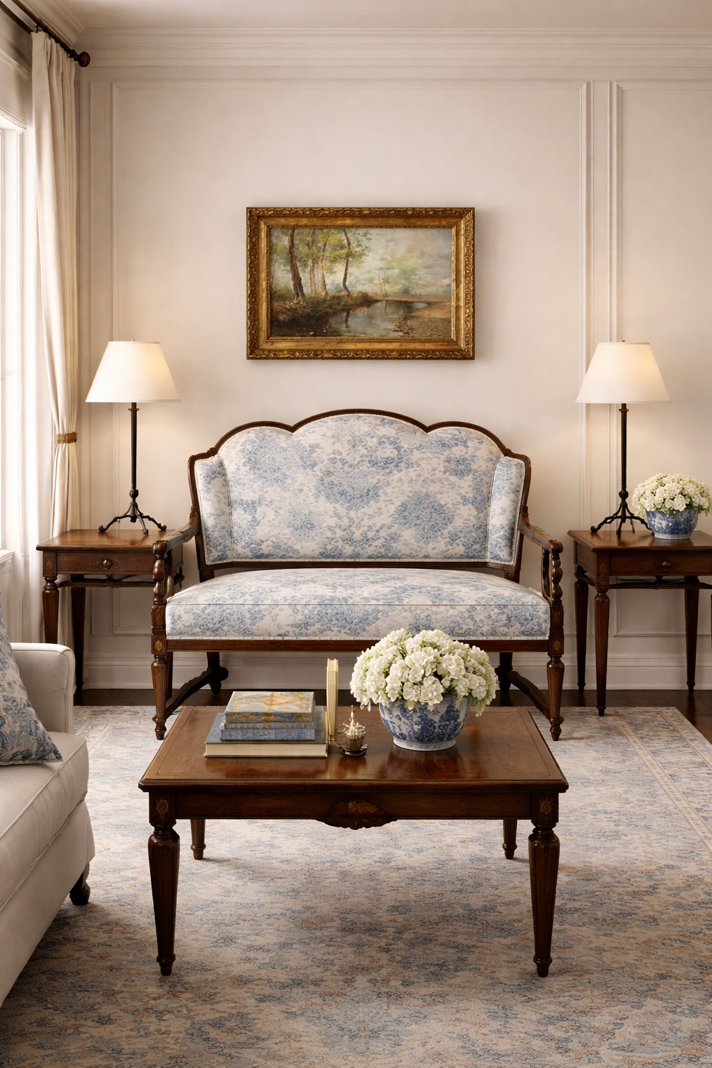 Found Mahogany Chippendale style Bench with Upholstered Toile Fabric