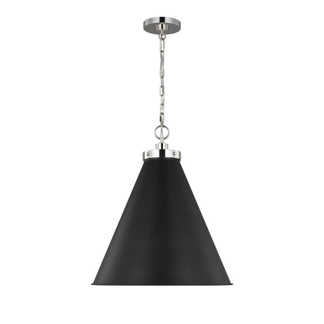 lighting, pendant, 1-light, black, white, matte, midnight, brass, gold, burnished brass, silver, polished nickel, nickel, modern, contemporary,  Generation Lighting, wellfleet pendant, cone