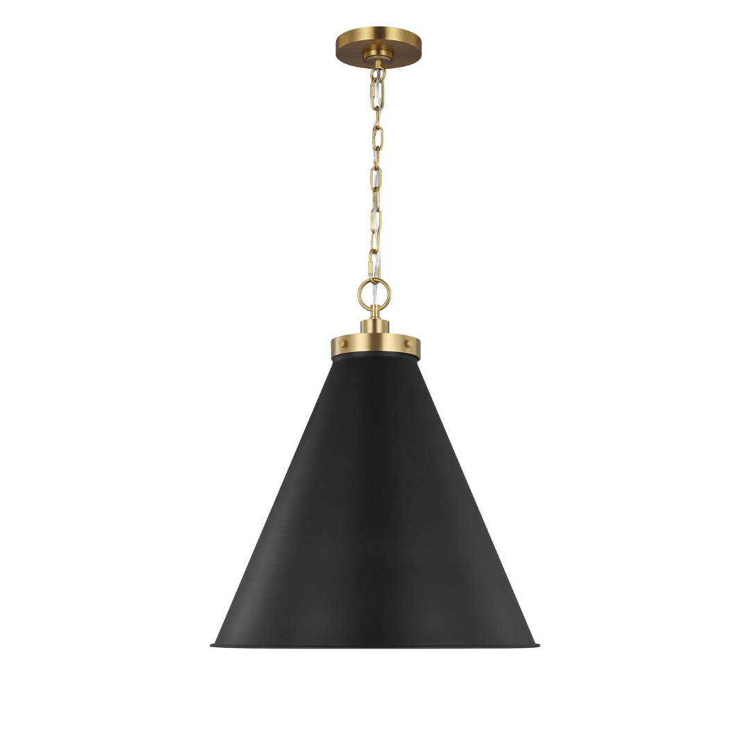 lighting, pendant, 1-light, black, white, matte, midnight, brass, gold, burnished brass, silver, polished nickel, nickel, modern, contemporary,  Generation Lighting, wellfleet pendant, cone