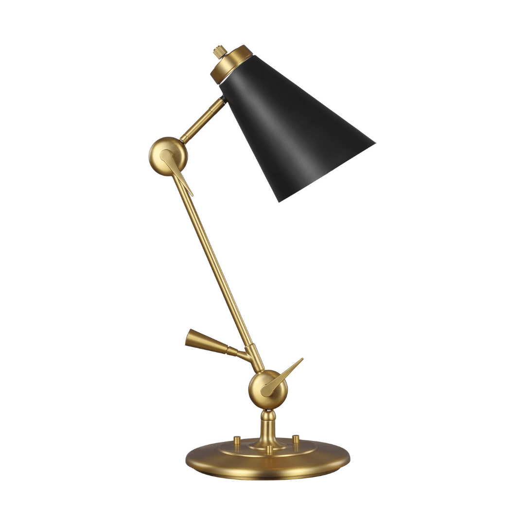 lighting, lamp, table lamp, gold, brass, black, noir, adjustable, task lamp, desk lamp, contemporary, industrial, Generation Lighting, signoret table lamp, task lamp,